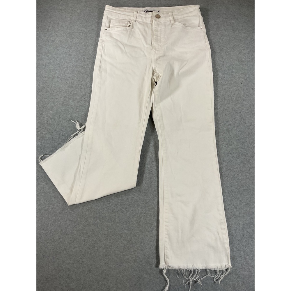 Zara Women White High Waisted Frayed Hem Flare Denim Jeans Size 6 28 2682